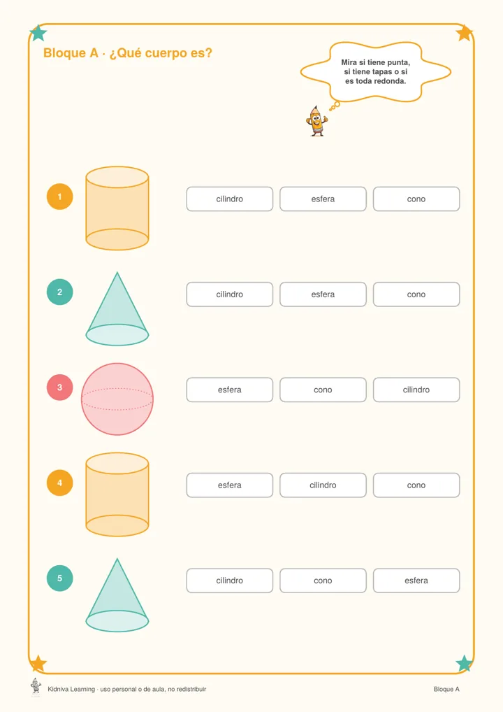 Página de geometría: identificar cilindros, conos y esferas