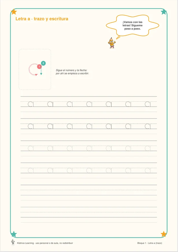 Página de un cuaderno de grafomotricidad: la letra a con trazo punteado y flechas numeradas